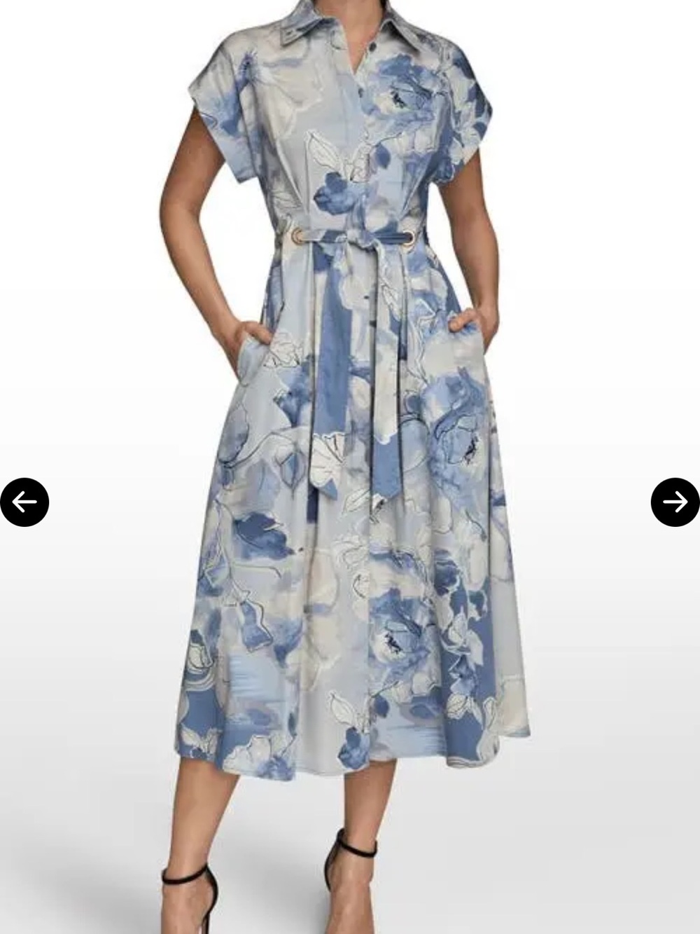 Donna Karan New York Blue Floral Belted Midi Shirt Dress Size 10